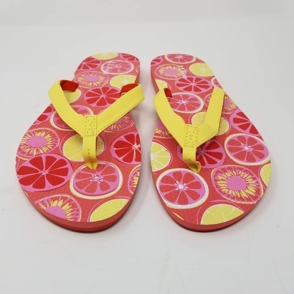 LL Bean Womens Flip Flops Sandals Sz L 9-10 Thong Citrus Fruit Print Pink Yellow